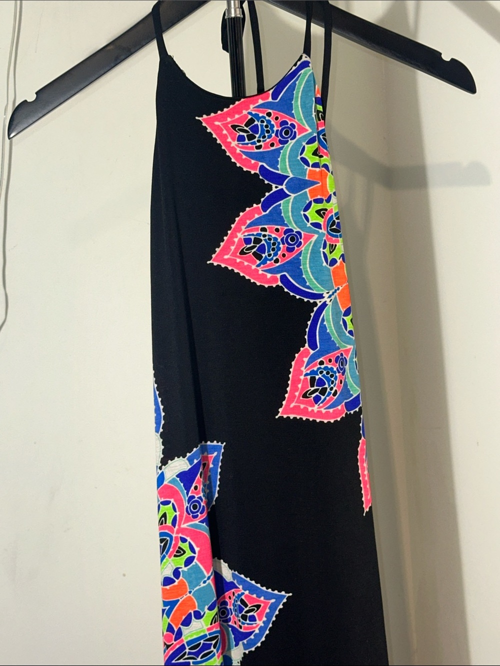 Black Maxi Slip Dress with Vibrant Neon Floral Print